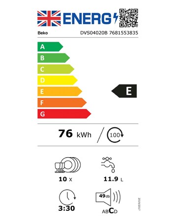 Beko DVS04020B Freestanding 10-place Slimline Dishwasher - Black