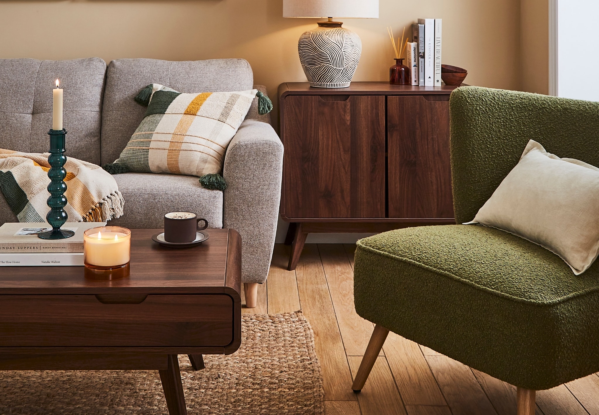 Living room with dark brown furniture and comfortable seating