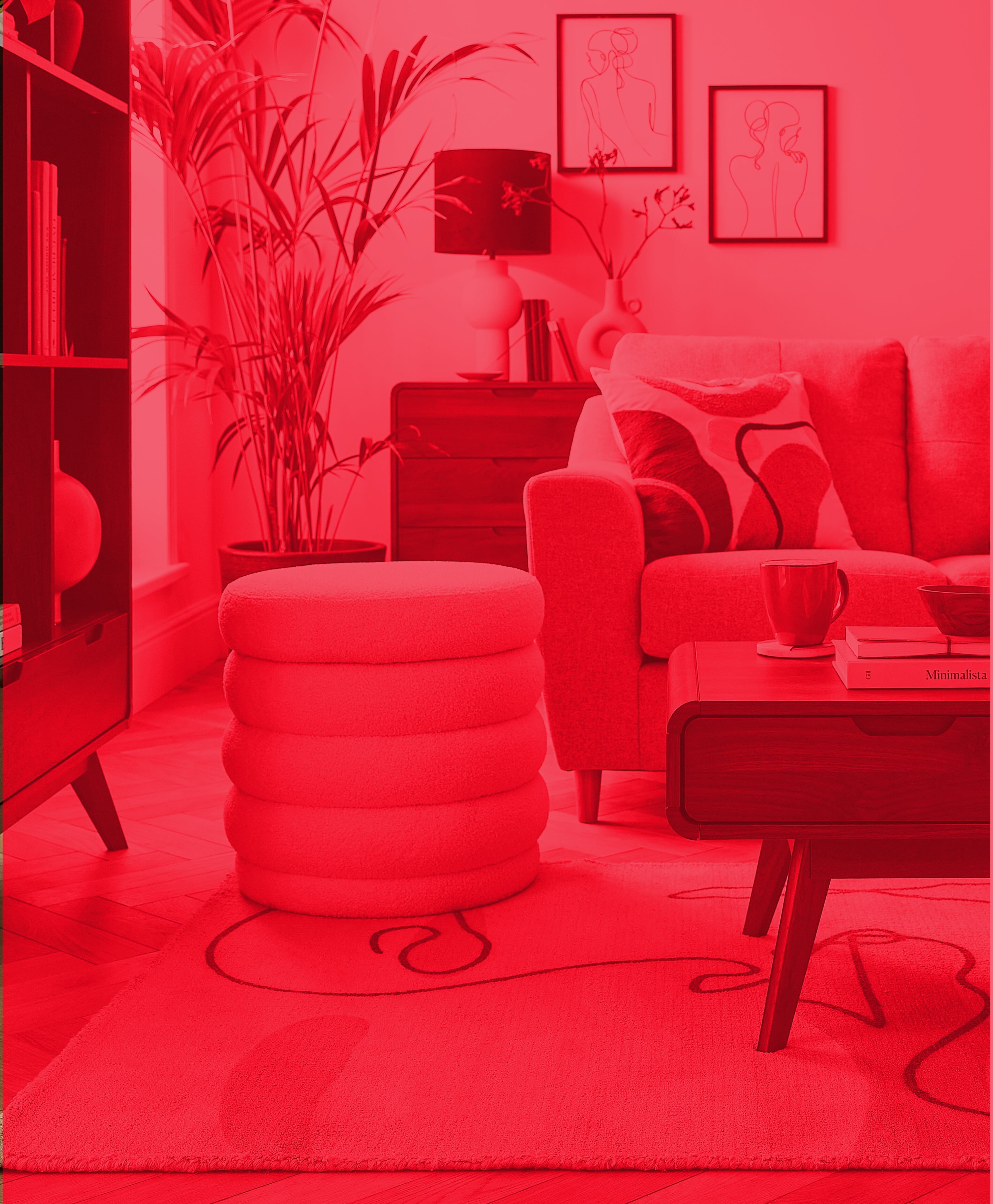 Cozy Modern Living Room With Sofa, Plant, Decorative Art And Red Overlay Lighting
