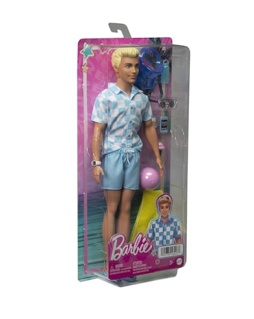 Barbie Ken Doll with Swim Trunks and Beach-Themed Accessories