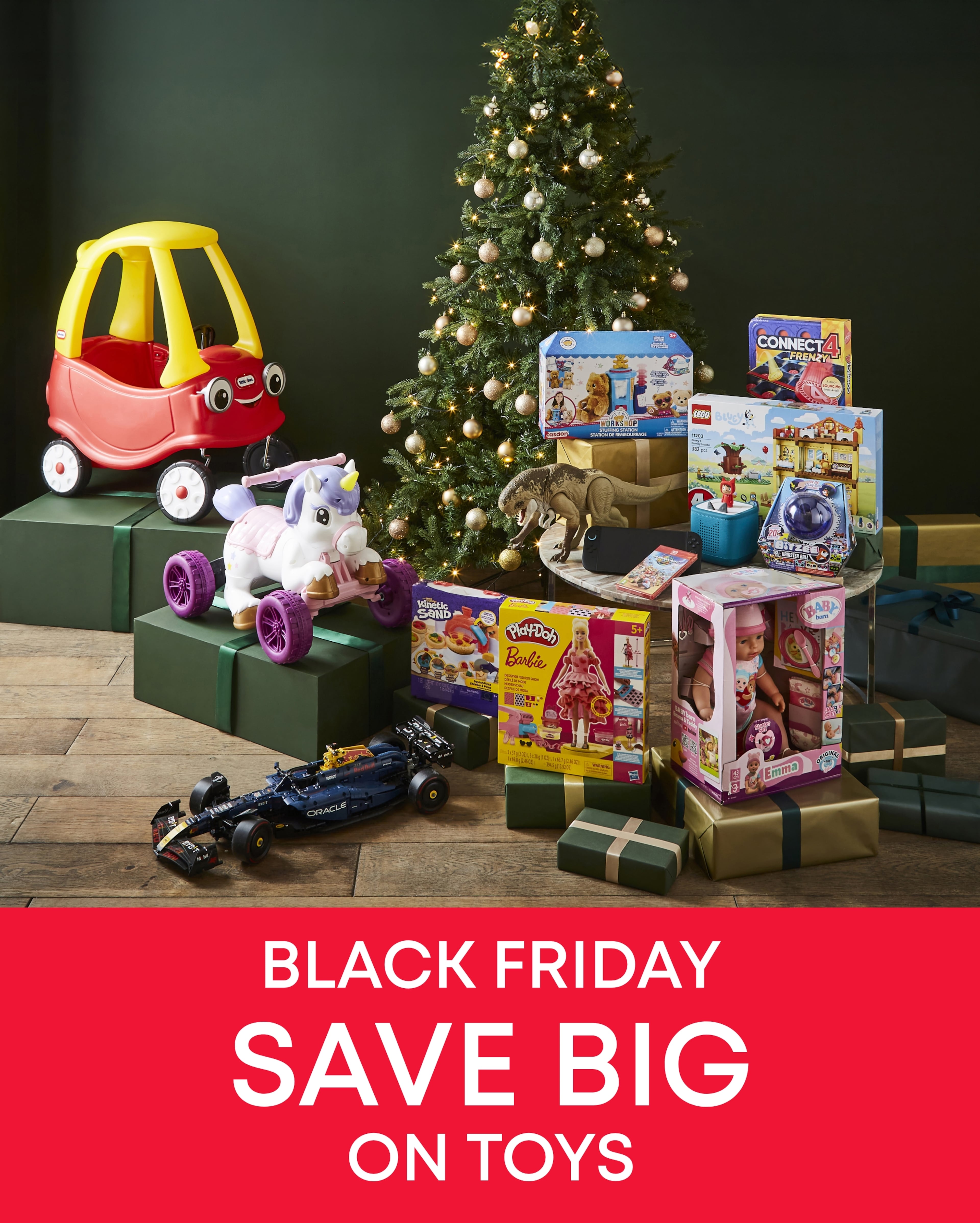 Bright Christmas Toy Sale Scene With Car, Unicorn, Tree, And Ready Gifts For Black Friday