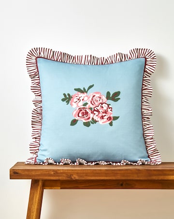 Bella Floral Printed Cushion with Striped Ruffled Edges