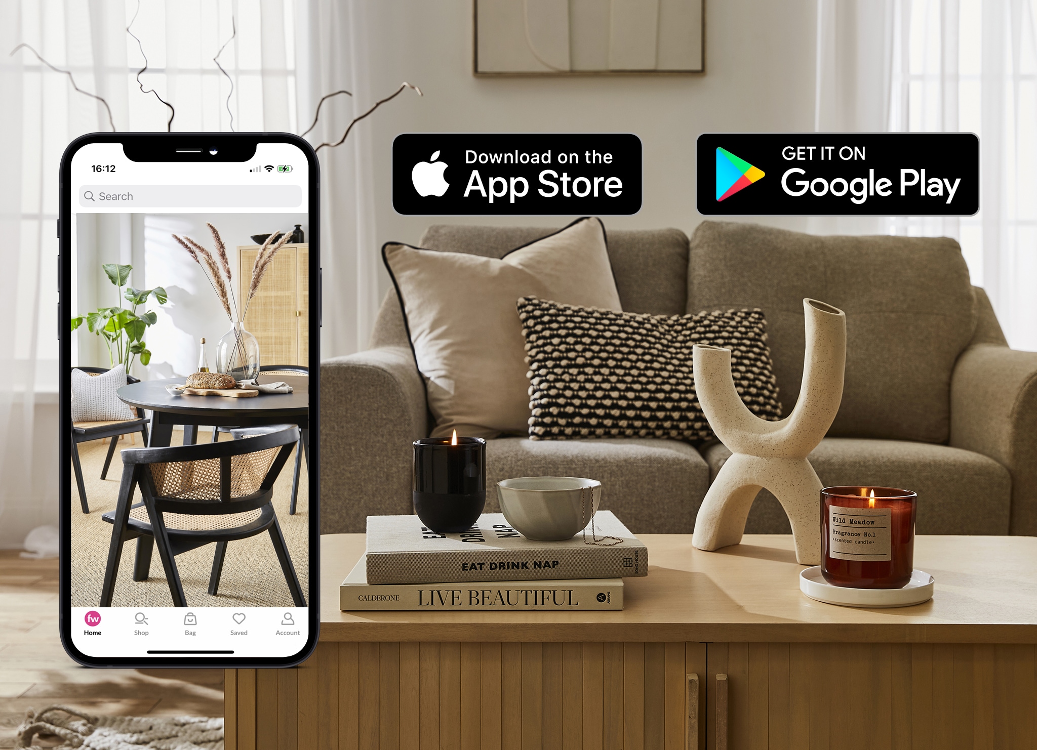 Lounge scene with a mobile phone overlayed. Google play and Apple store logos