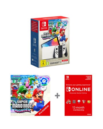 Nintendo Switch OLED White Mario Bros Wonder & 12 Months Switch Online Bundle