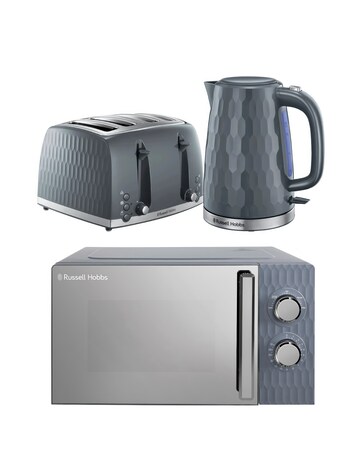 Russell Hobbs Grey Honeycomb Bundle - Kettle, 4 Slice Toaster & Microwave