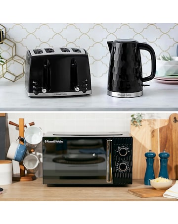 Russell Hobbs Black Honeycomb Bundle - Kettle, 4 Slice Toaster & Microwave