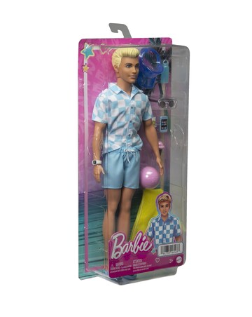 Barbie Ken Doll with Swim Trunks and Beach-Themed Accessories