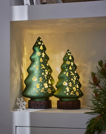 Set of 2 Green Glass Light Up Christmas Trees