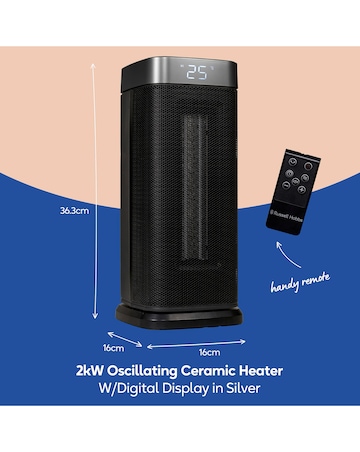 Russell Hobbs Black 2kw Digital Oscillating Ceramic Heater with silver Trim