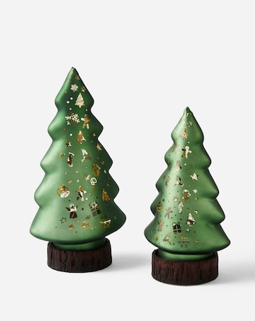 Set of 2 Green Glass Light Up Christmas Trees