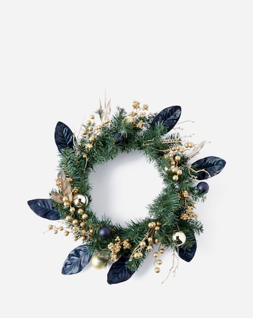 Gold and Blue Berry and Leaves Wreath 60cm