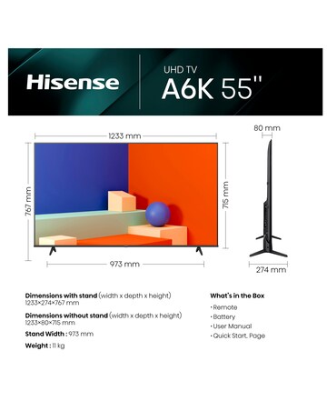Hisense 55in 55A6KTUK Smart 4K UHD HDR TV with VDTS Virtual:X & Freeview Play