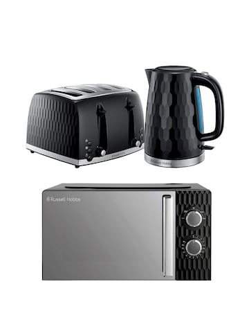 Russell Hobbs Black Honeycomb Bundle - Kettle, 4 Slice Toaster & Microwave