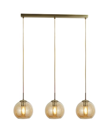 3 Light Antique Brass and Amber Glass Ball Ceiling Bar Pendant