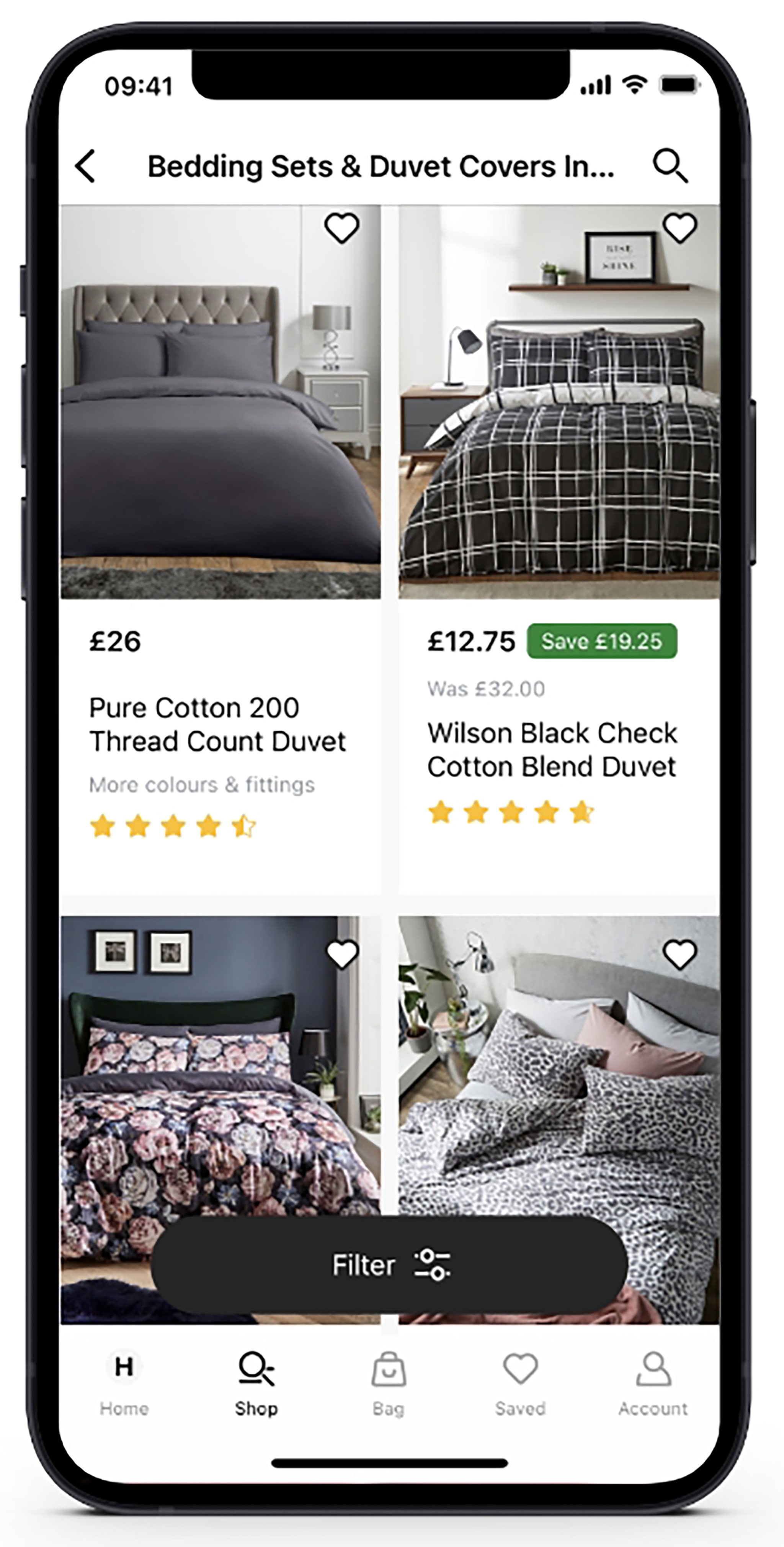 Mobile phone with a product listing page on screen