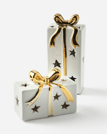 Set of 2 White and Gold Light Up Presents