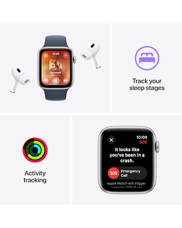 Apple Watch SE GPS 44mm Silver Aluminium Case, Storm Blue Sport Band - M/L