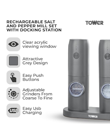 Tower Rechargeable Salt & Pepper Mill Grey