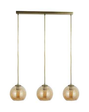 3 Light Antique Brass and Amber Glass Ball Ceiling Bar Pendant