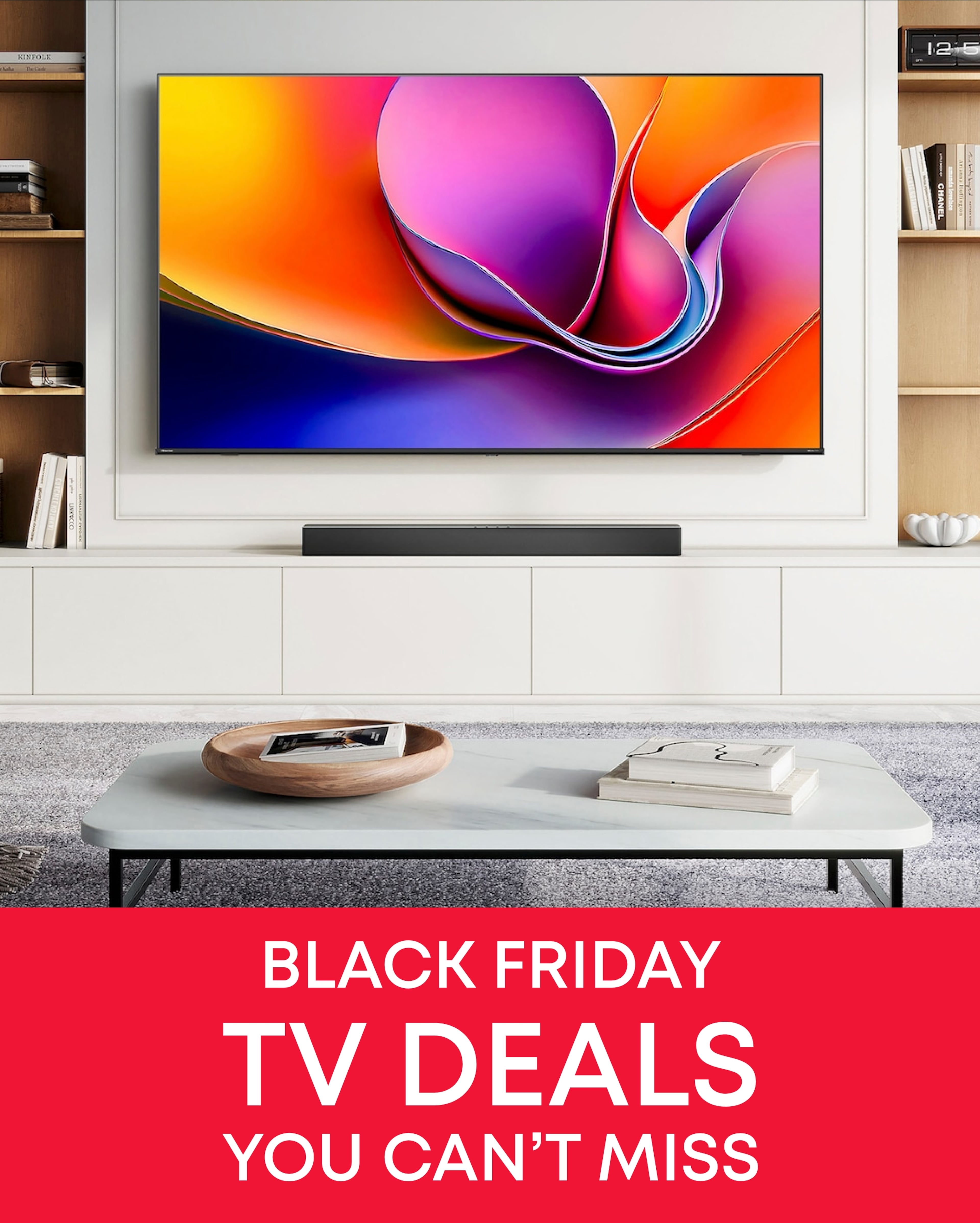 Vibrant 65-Inch Flat Screen TV Mounted Above Modern White Entertainment Center in Living Room