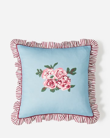 Bella Floral Printed Cushion with Striped Ruffled Edges