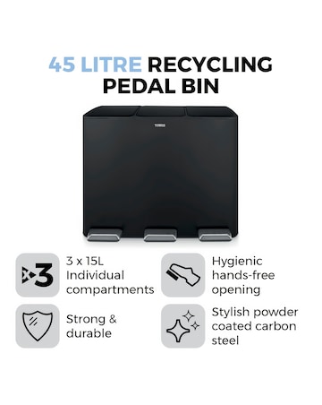 Tower 45L Black Recycling Pedal Bin