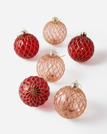 Set of 6 Red and Pink Baubles with Gold Glitter