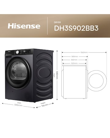 Hisense 3S Series DH3S902BB3 WiFi-enabled 9kg Heat Pump Tumble Dryer - Black