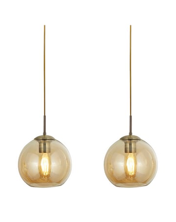 3 Light Antique Brass and Amber Glass Ball Ceiling Bar Pendant