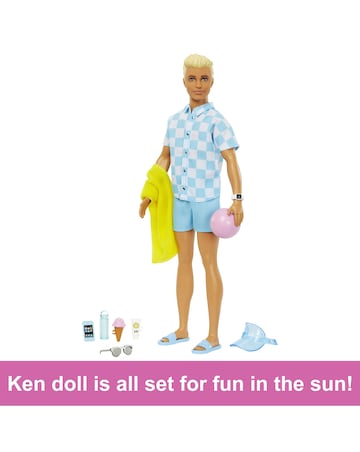 Barbie Ken Doll with Swim Trunks and Beach-Themed Accessories