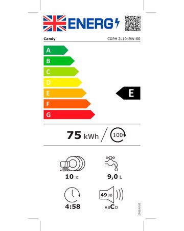 CDPH 2L1049W-80 Candy Brava 10 Place Setting Slimline Dishwasher