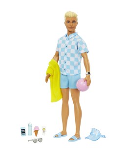 Barbie Ken Doll with Swim Trunks and Beach-Themed Accessories