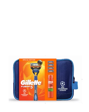 Gillette Fusion Razor, with four blades and sensitive shave gel washbag set