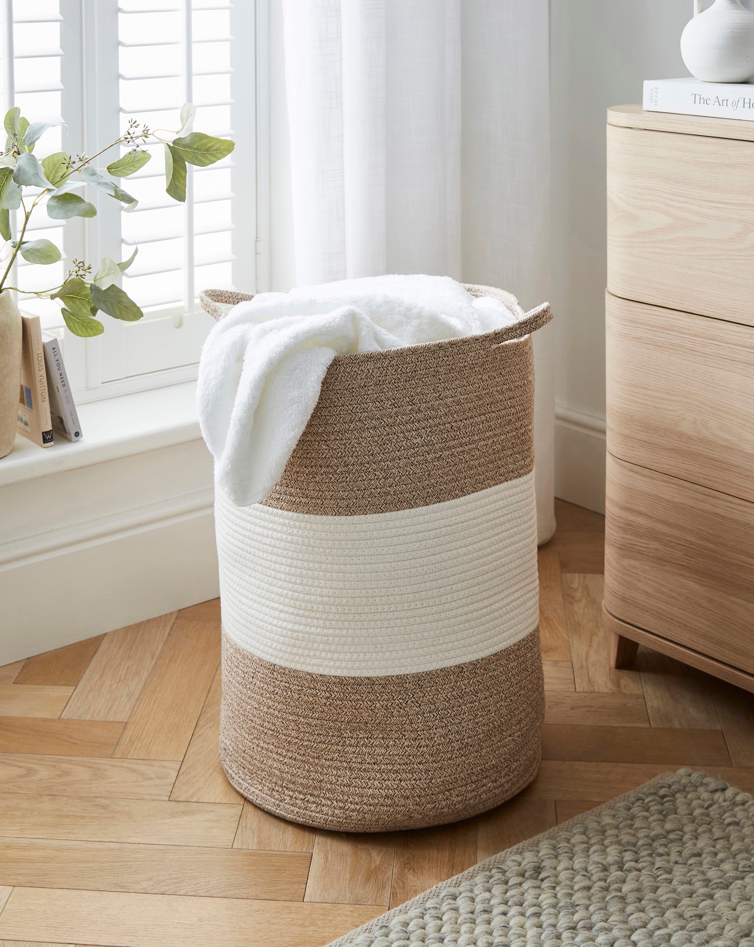 Two Tone Beige Rope Laundry Hamper