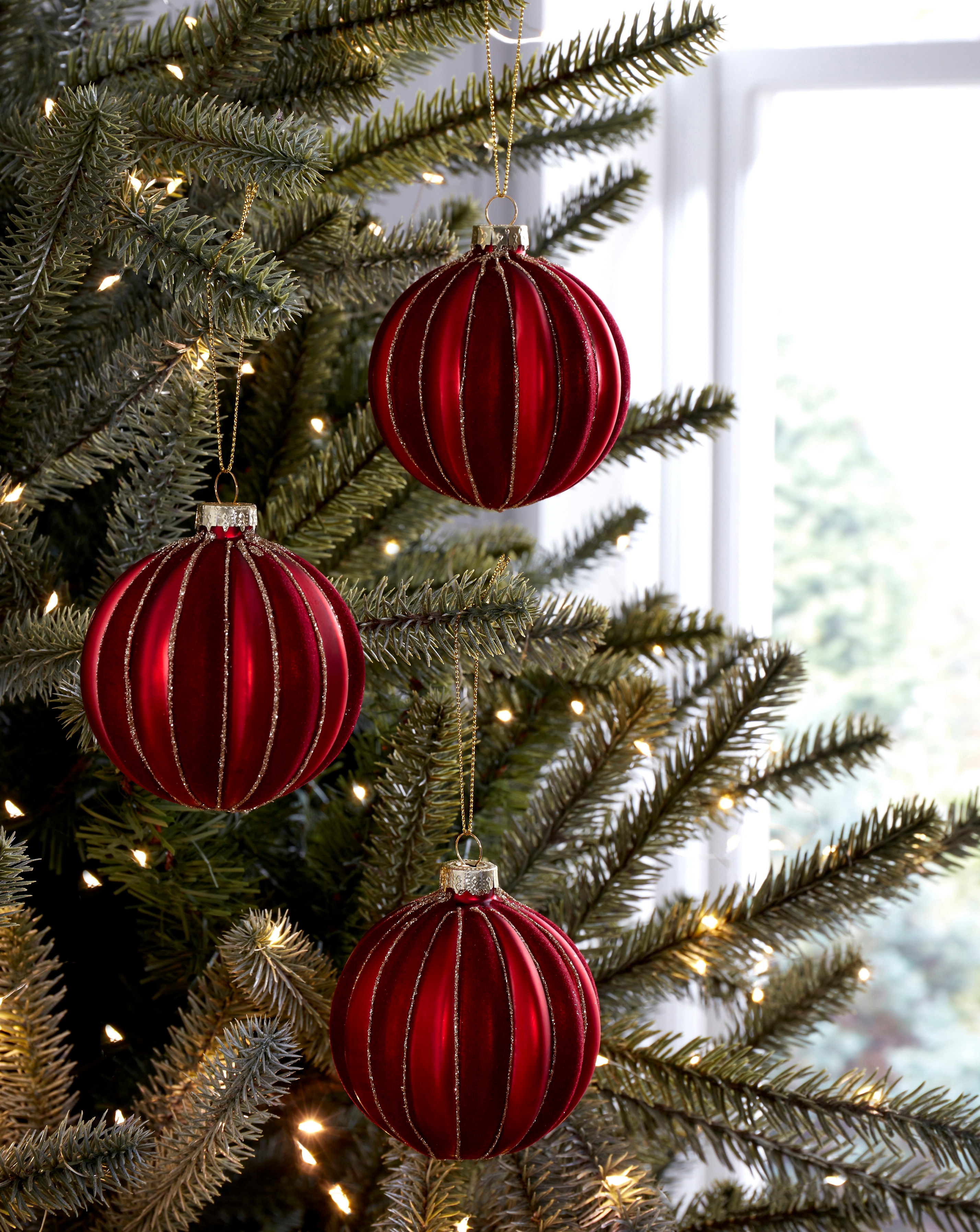 Gisela Graham 3 Red Glass Stripe Baubles