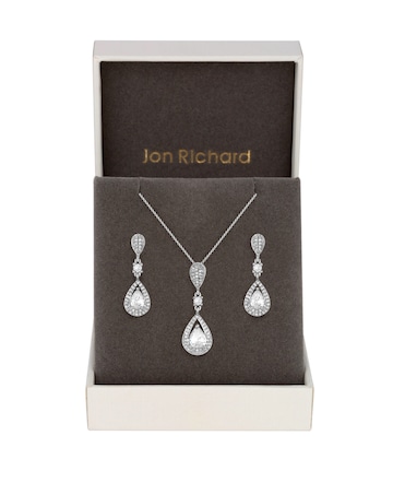 Jon Richard Silver Plated Clear Crystal Pave 3 Tier Pear Drop Set - Gift Boxed