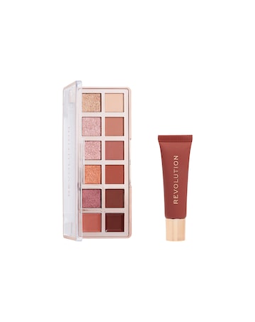 Revolution Juicy Peptide Lip Balm Nude Latte and True Icon Warm Nudes Palette
