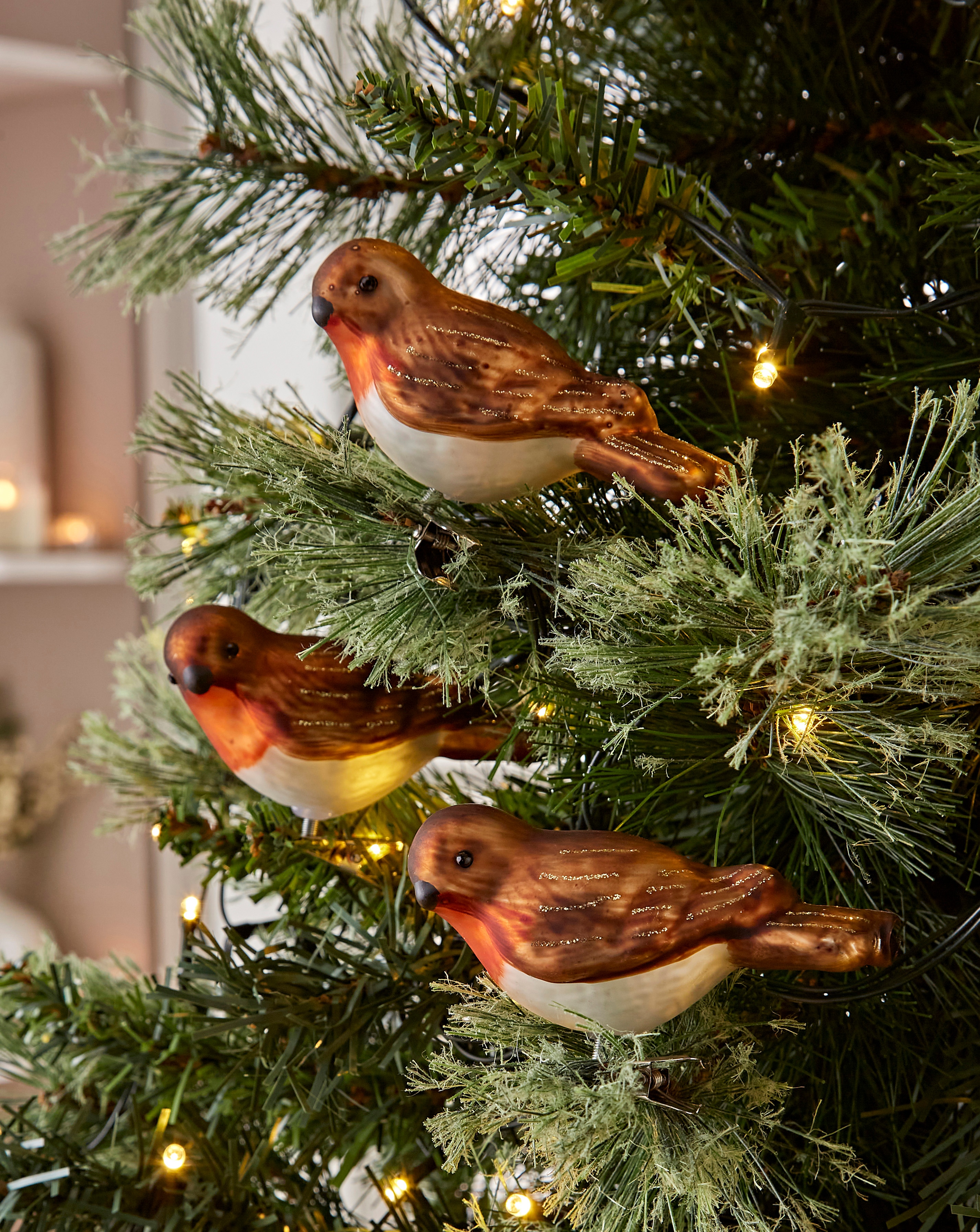 Set of 6 Glass Robin Clip on Decorations