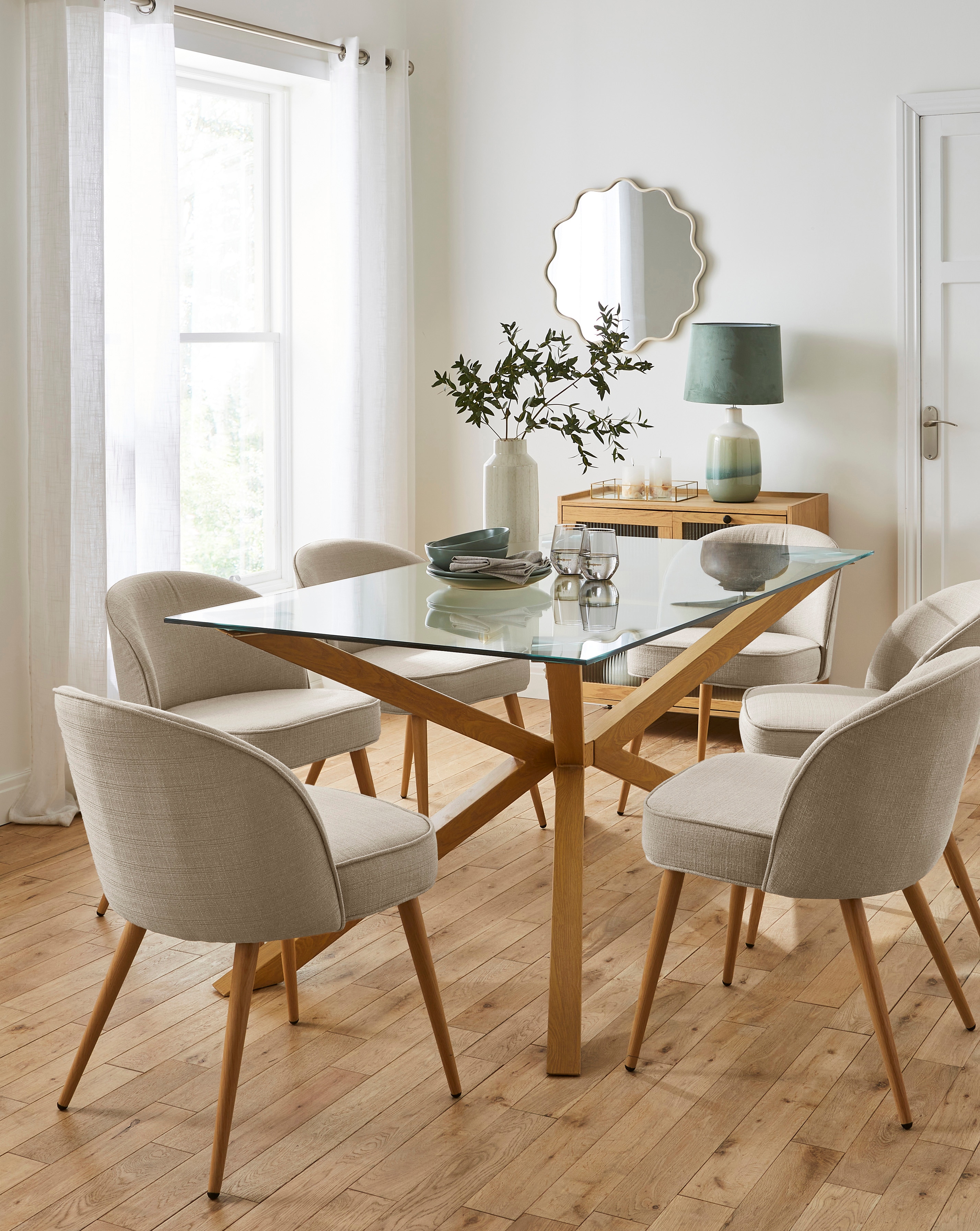 Bodie Oak Table & 6 Emilie Fabric Chairs