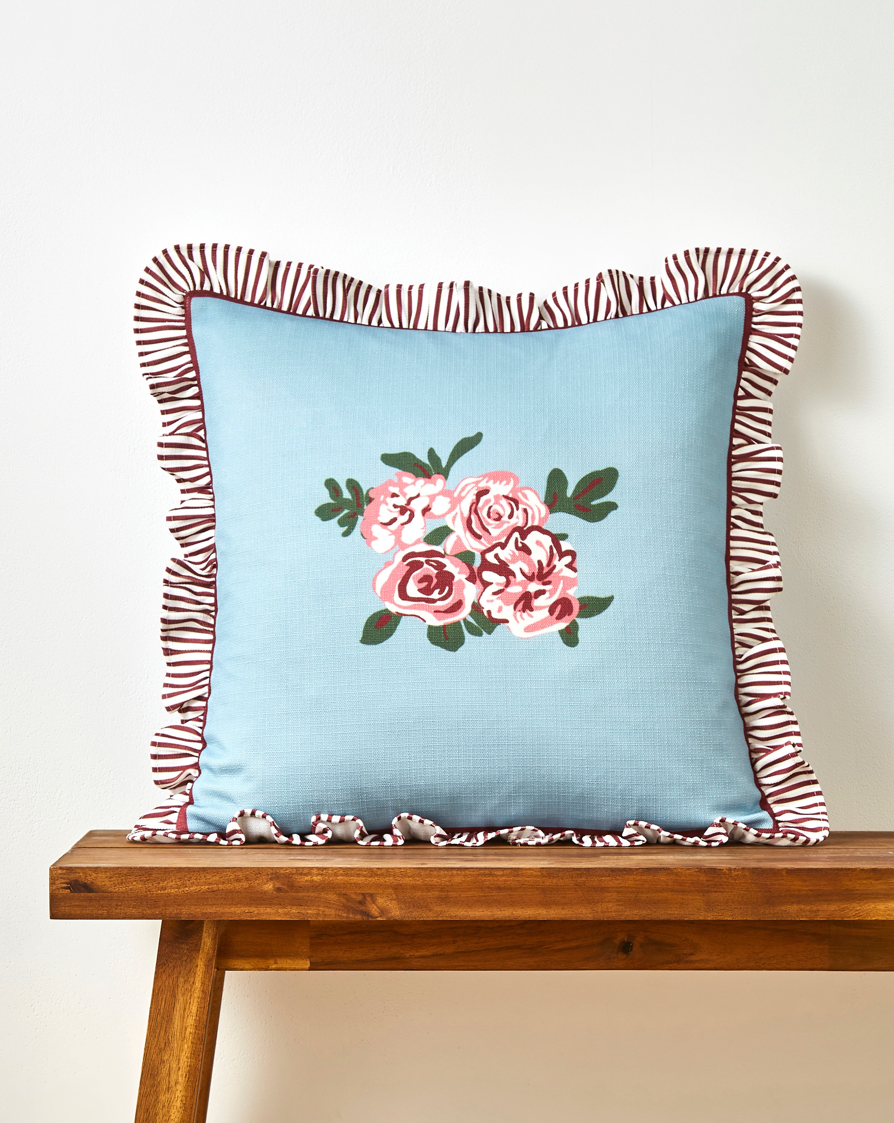 Bella Cushion with Striped Ruffled Edges